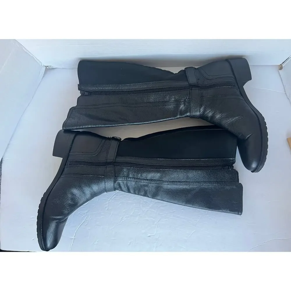 Naturalizer N5 Black Leather Zip Knee High Block Heel Wide Shaft Riding Boots 10